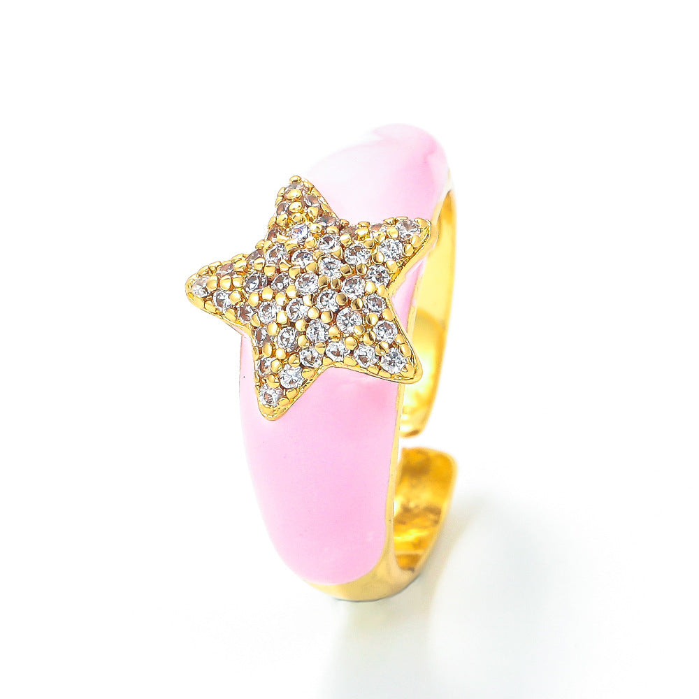 Fashion Oil Drop Five-pointed Star Opening Inlaid Zircon Copper Ring Wholesale Gooddiy