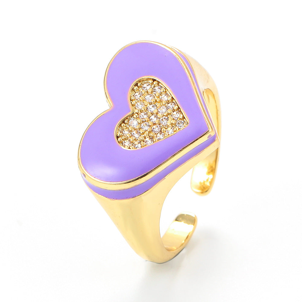 Vintage Oil Drop Opening Adjustable Wide Face Heart Shape Inlaid Zircon Copper Ring Wholesale Gooddiy