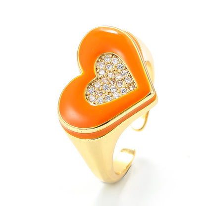 Vintage Oil Drop Opening Adjustable Wide Face Heart Shape Inlaid Zircon Copper Ring Wholesale Gooddiy