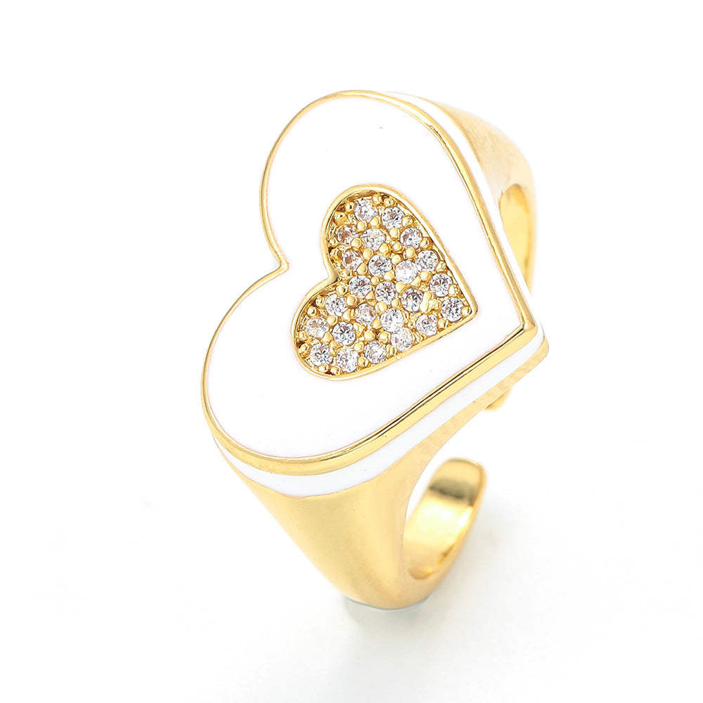 Vintage Oil Drop Opening Adjustable Wide Face Heart Shape Inlaid Zircon Copper Ring Wholesale Gooddiy