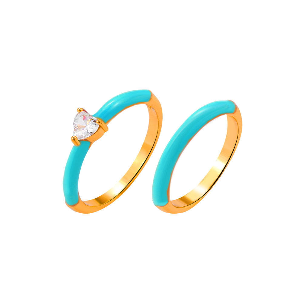 Fashion Simple Color Oil Dripping Geometric Copper Inlaid Zircon Ring 2-piece Set