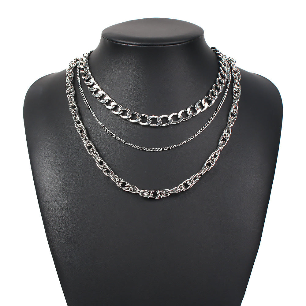 New Punk Style Simple  Metal Texture Multilayer Thick Chain Necklace