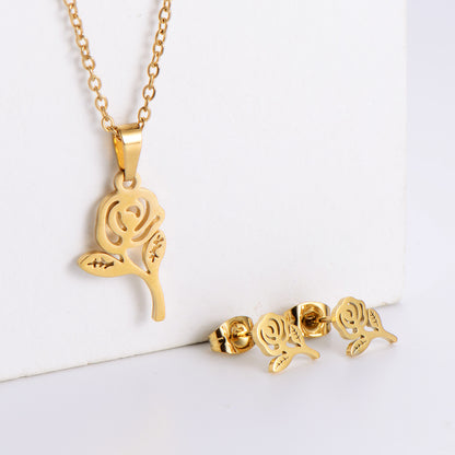 Titanium Steel Rose Flower Pendent Plating 18k Gold Necklace Earrings Set Wholesale Gooddiy