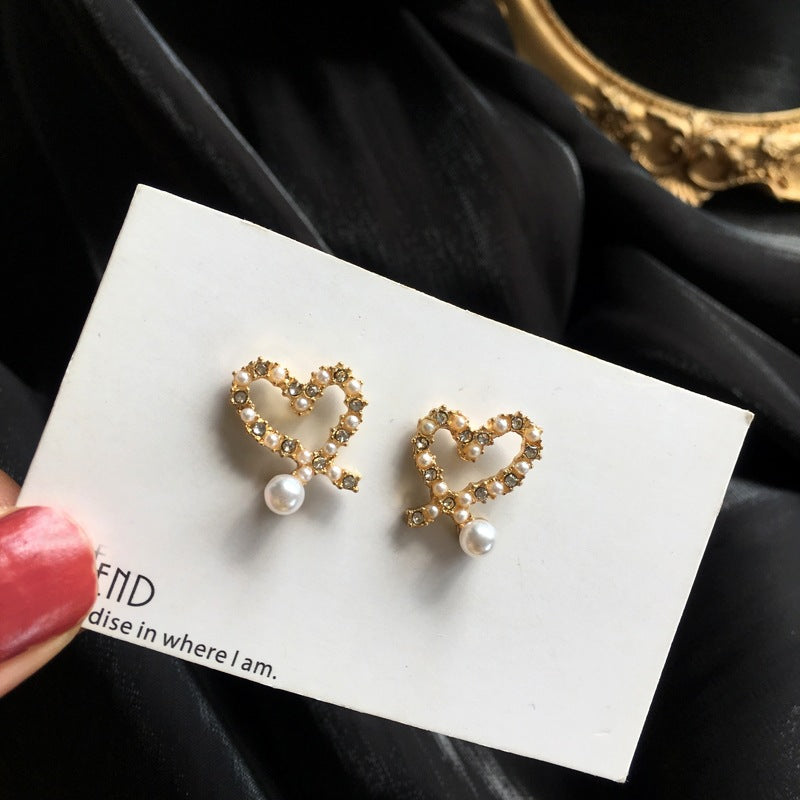 Korean Style Pearl Full Diamond Heart-shaped Small Earrings