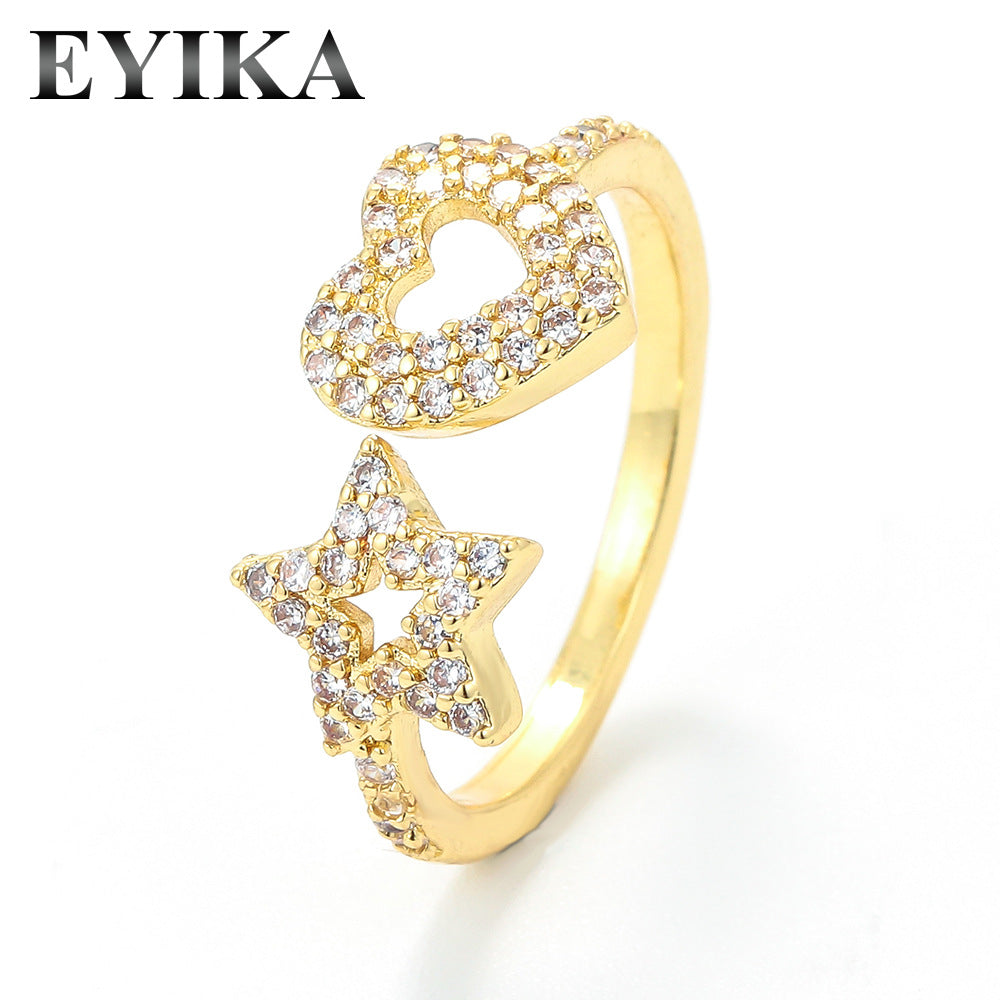 Fashion Micro-inlaid Stars Peach Heart-shaped Opening Adjustable Ring