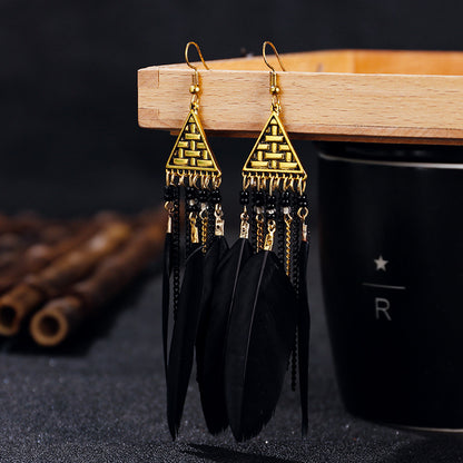 Triangle Multi-layer Chain Long Feather Retro Tassel Alloy Earrings