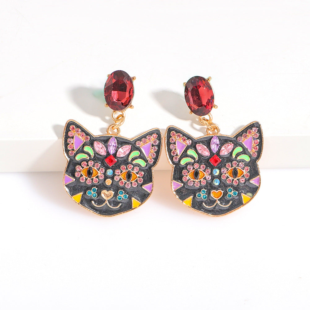 Halloween Cat Animal Alloy Diamond Earrings Wholesale Jewelry Gooddiy