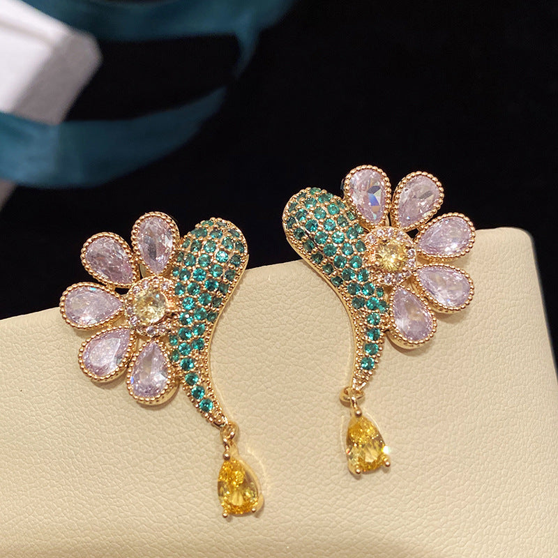 Petal Flower Fish-shaped Earrings Full Diamond Luxury Plated 925 Silver Needle Daisy Earrings