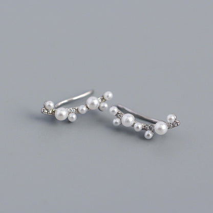 Yhe0326 S925 Silver Geometric Imitation Pearl Diamond Branch Ear Clip Earrings