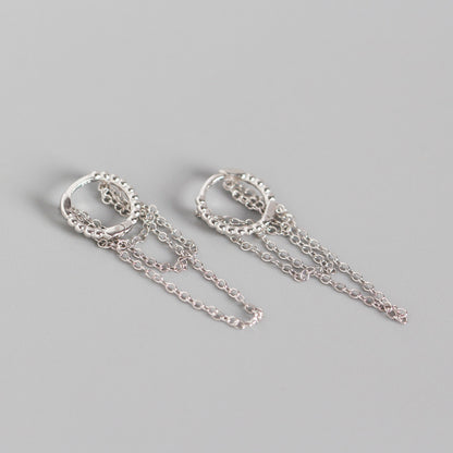 Yhe0141 White Fungus Buckle S925 Sterling Silver Geometric Round Bead Tassel Multi-layer Chain Ear Buckle Earrings