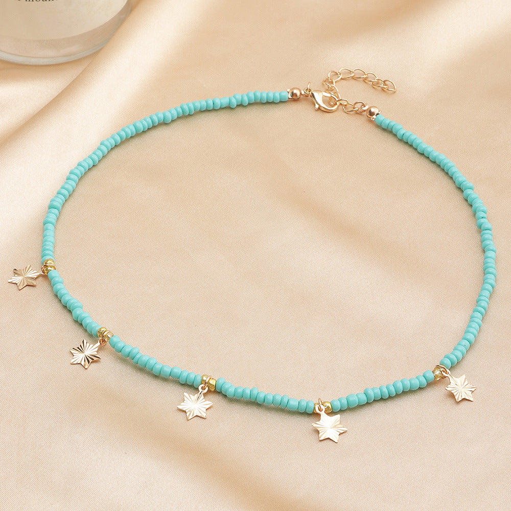 Retro Small Fresh Color Rice Bead Necklace Simple Five-pointed Star Moon Necklace