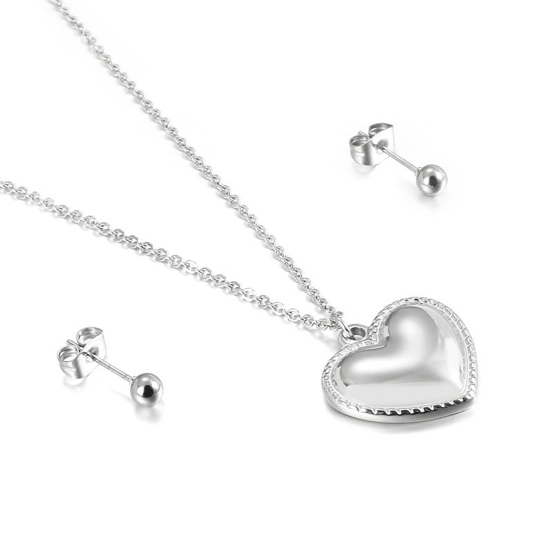 European And American Fashion Heart-shaped Stainless Steel Suit Women's Necklace + Earrings Simple Natural Titanium Steel Women's Collarbone Necklace Set