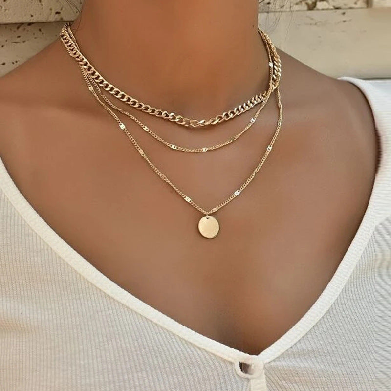 European And American New Alloy Necklace Fashion Simple Disc Pendant Multi-layered Clavicle Chain