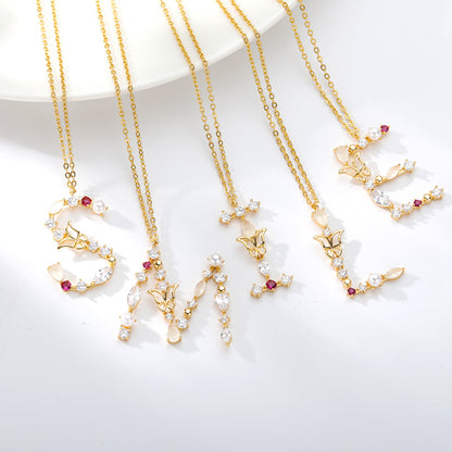 Cross-border Ins New Fashion 26 Letter Necklace Female Color Zircon Letter Butterfly Inlaid Opal Necklace