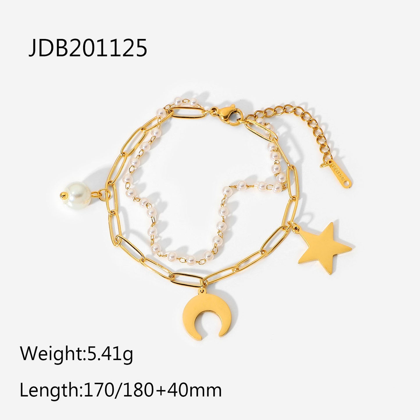 18k Gold Plated Stainless Steel Star Moon Pearl Pendant Double Layer Bracelet