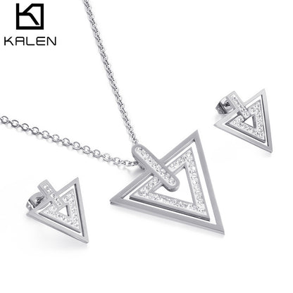 Fashion Stainless Steel New Temperament Simple Geometric Triangle Zircon Pendant Earrings Two-piece Set