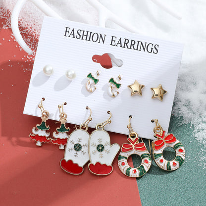 New Christmas Snowman Cane Earrings Set Cartoon Dripping Elk Wreath Earrings