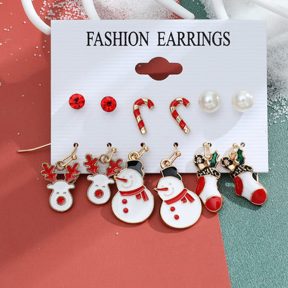 New Christmas Snowman Cane Earrings Set Cartoon Dripping Elk Wreath Earrings