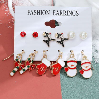 New Christmas Snowman Cane Earrings Set Cartoon Dripping Elk Wreath Earrings