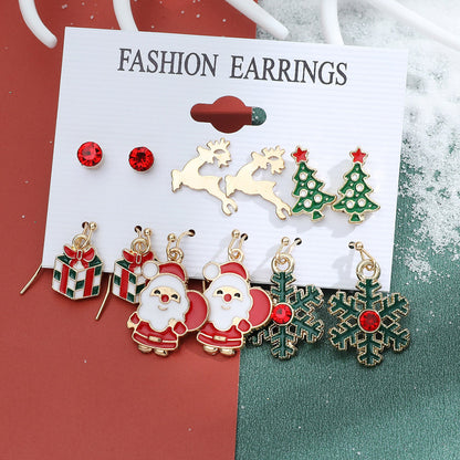 New Christmas Snowman Cane Earrings Set Cartoon Dripping Elk Wreath Earrings