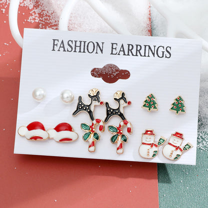 New Christmas Snowman Cane Earrings Set Cartoon Dripping Elk Wreath Earrings