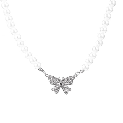 Fashion Personality Diamond Butterfly Pearl Necklace Clavicle Chain Necklace