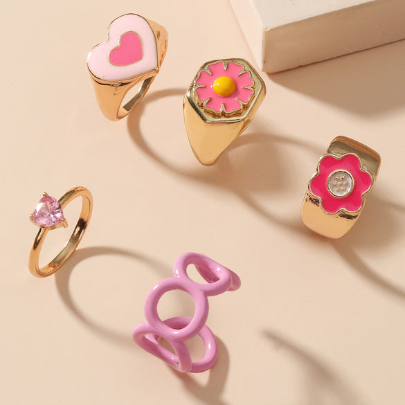 New Zircon Flower Heart Ring 5-piece Set Geometric Hollow Index Finger Ring Set