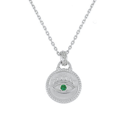 S925 Silver Evil Eye Necklace Devil Eye Green Zircon Coin Pendant Clavicle Chain