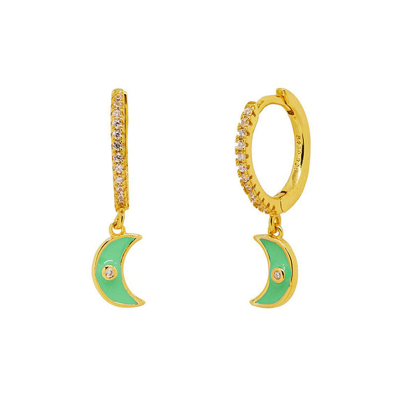 Cross-border European And American Diamond-studded Zircon Crescent Earrings Multicolor Oil Drop Moon Earrings