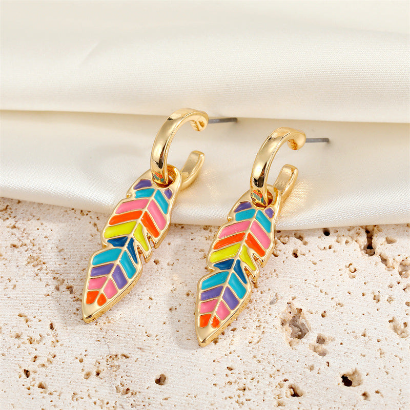 Bohemian Retro Color Dripping Leaf Earrings Metal Hoop Pendant Earrings