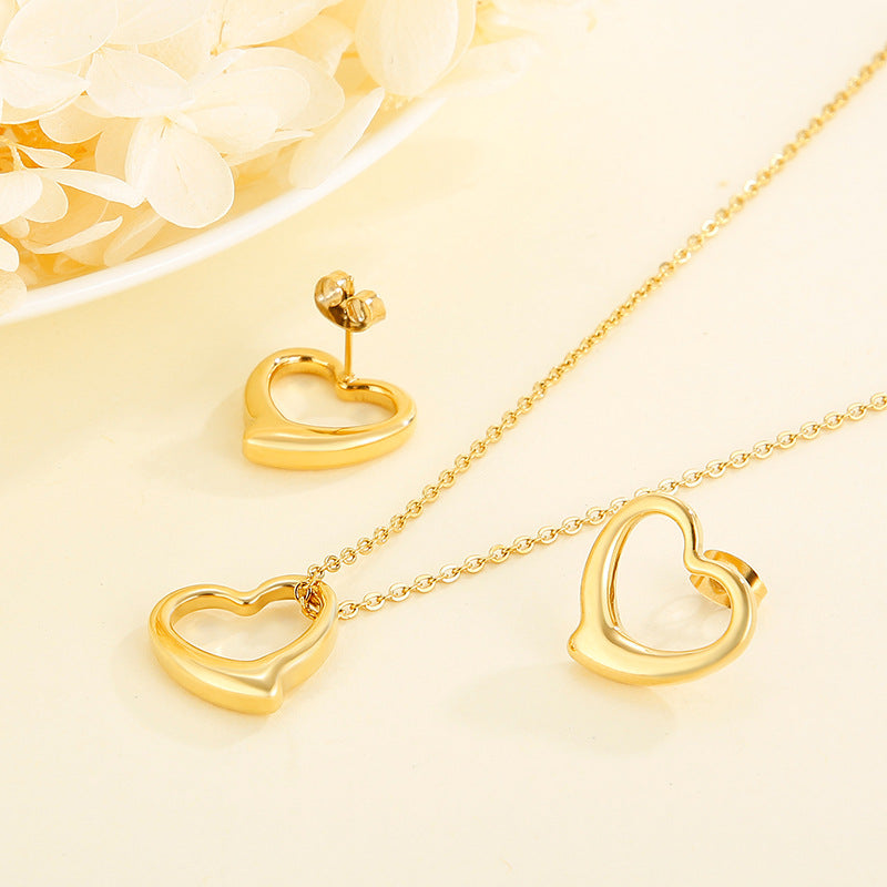 Fashion Stainless Steel Accessories Hollow Heart-shaped Necklace Earrings Stainless Steel Set