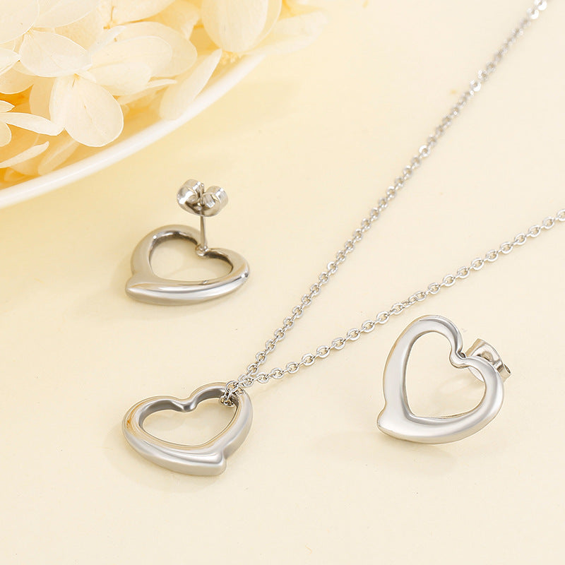 Fashion Stainless Steel Accessories Hollow Heart-shaped Necklace Earrings Stainless Steel Set