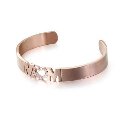 Korean Style Simple Heart-shaped Mom Titanium Steel Open-end Bangle Bracelet Mother's Day Jewelry Gift Factory Delivery