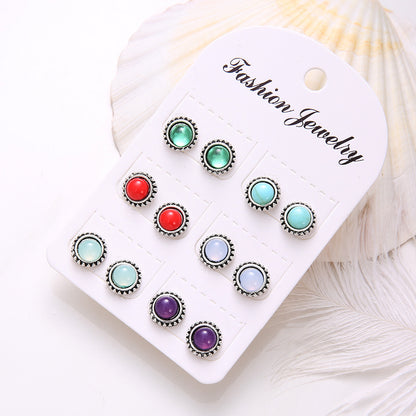 Fashion Round Gemstone Earrings Multicolor 6 Pairs Of Earrings Set