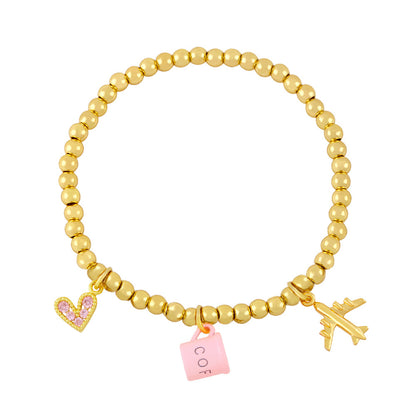 Creative Trend Fun Bracelet Cute Coffee Cup Airplane Love Heart Pendant Bead Bracelet