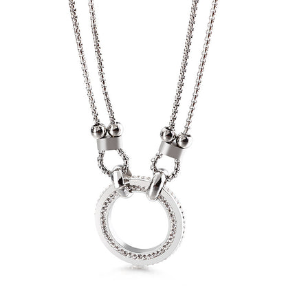 New Fashion Round Personality Female Necklace Korean Stainless Steel Diamond Double-layer Necklace