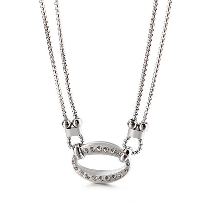 New Fashion Round Personality Female Necklace Korean Stainless Steel Diamond Double-layer Necklace