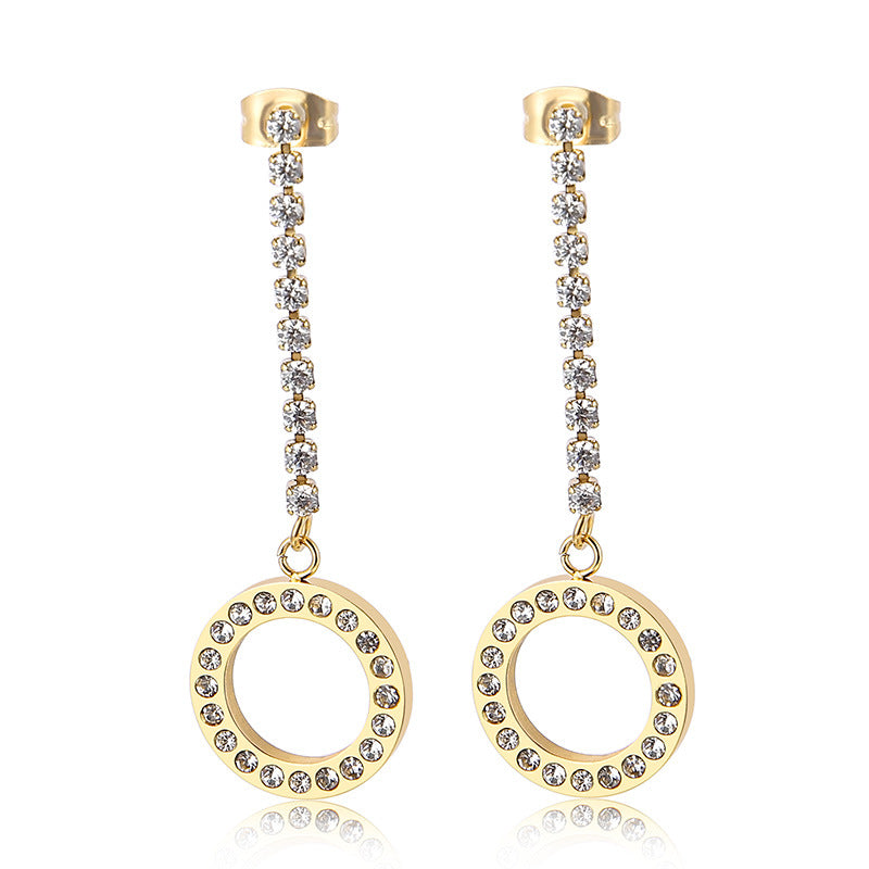 Fashion Stainless Steel Full Diamond Long Women's Creative Hollow Circle Earrings