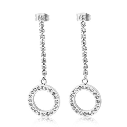 Fashion Stainless Steel Full Diamond Long Women's Creative Hollow Circle Earrings