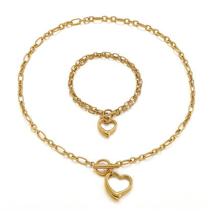 European And American Fashion Stainless Steel Ot Buckle Heart Pendant Bracelet Necklace Set