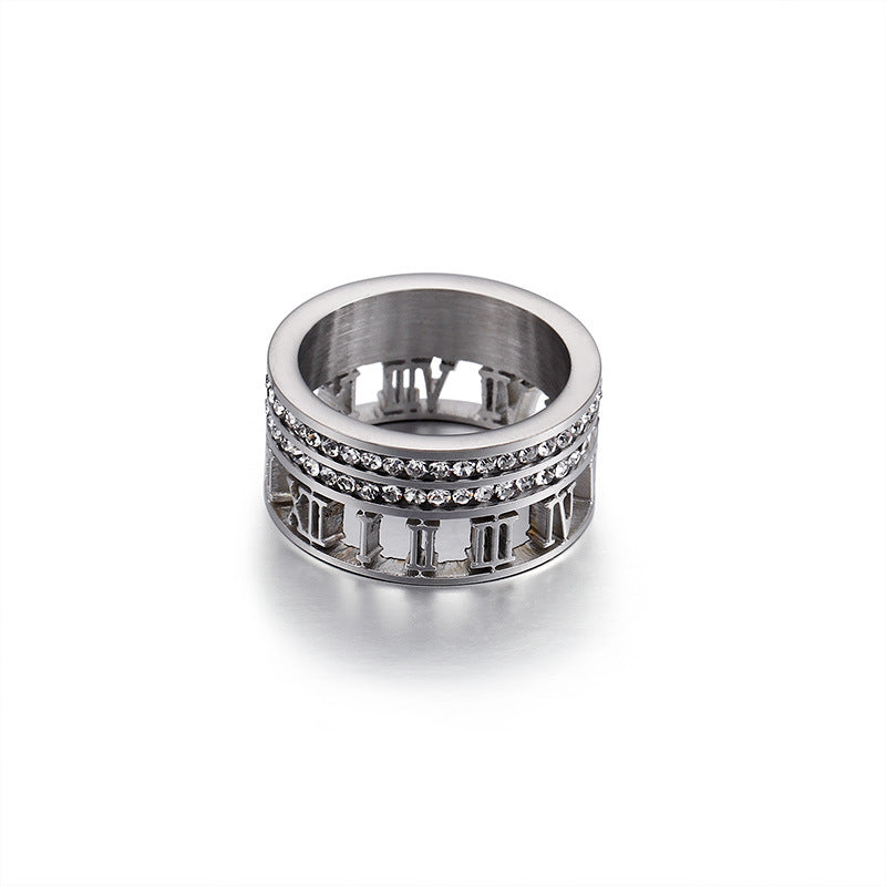 Supply Titanium Steel Diamond-studded Ring Roman Numerals Hollow Ring One Piece Dropshipping