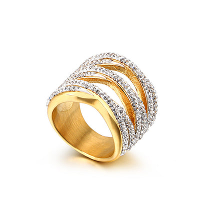 European And American Fashion Full Diamond Ring Stainless Steel Electroplated 18k Real Gold Exaggerated Large Mesh Woven Female Raw Ring Jewelry