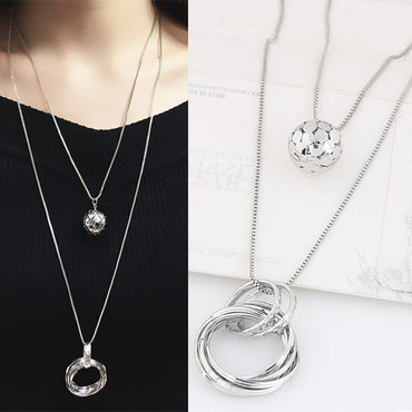 Korean Fashion Metal Simple Circle Ball Double-layer Long Necklace Wholesale