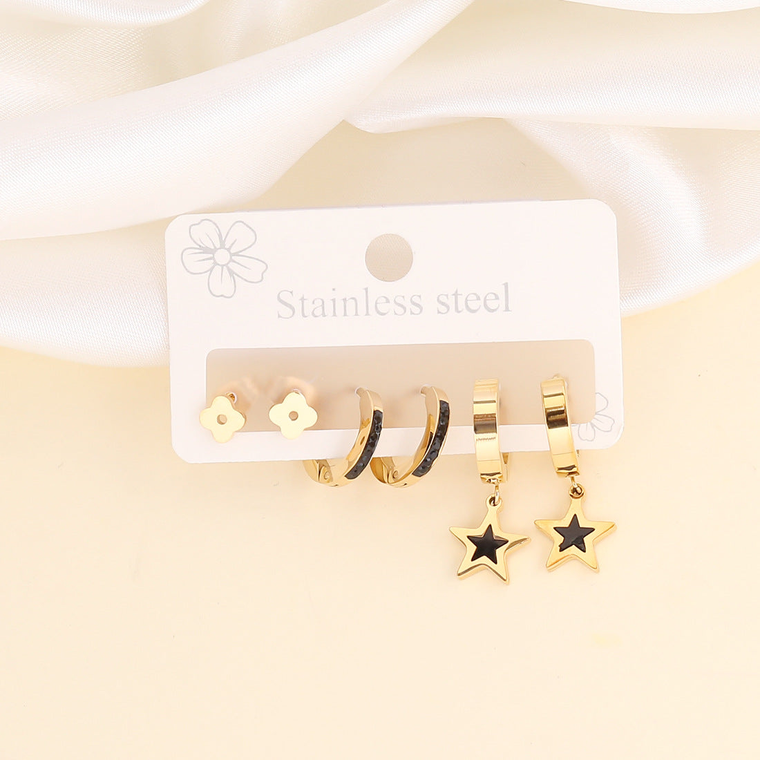 New Stainless Steel Bear Heart Moon Eye Five-pointed Star Earrings Set