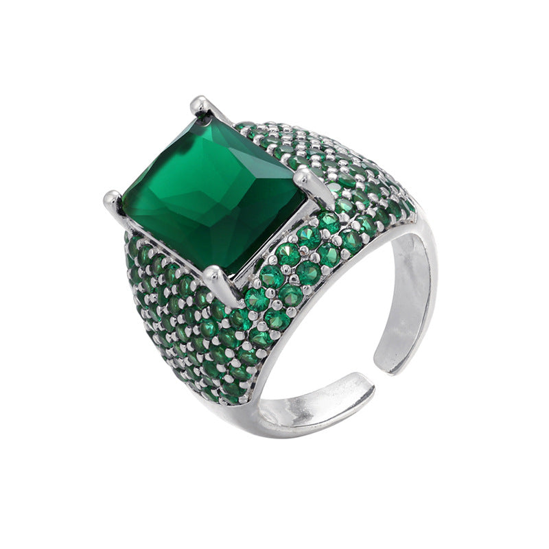 Retro Colored Diamonds Micro-inlaid Square Zircon Copper Open Ring