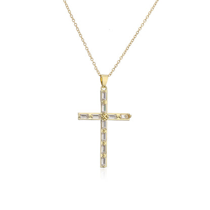 Europe And America Religious Jewelry Copper Plated 18k Gold Zircon Cross Pendant Necklace