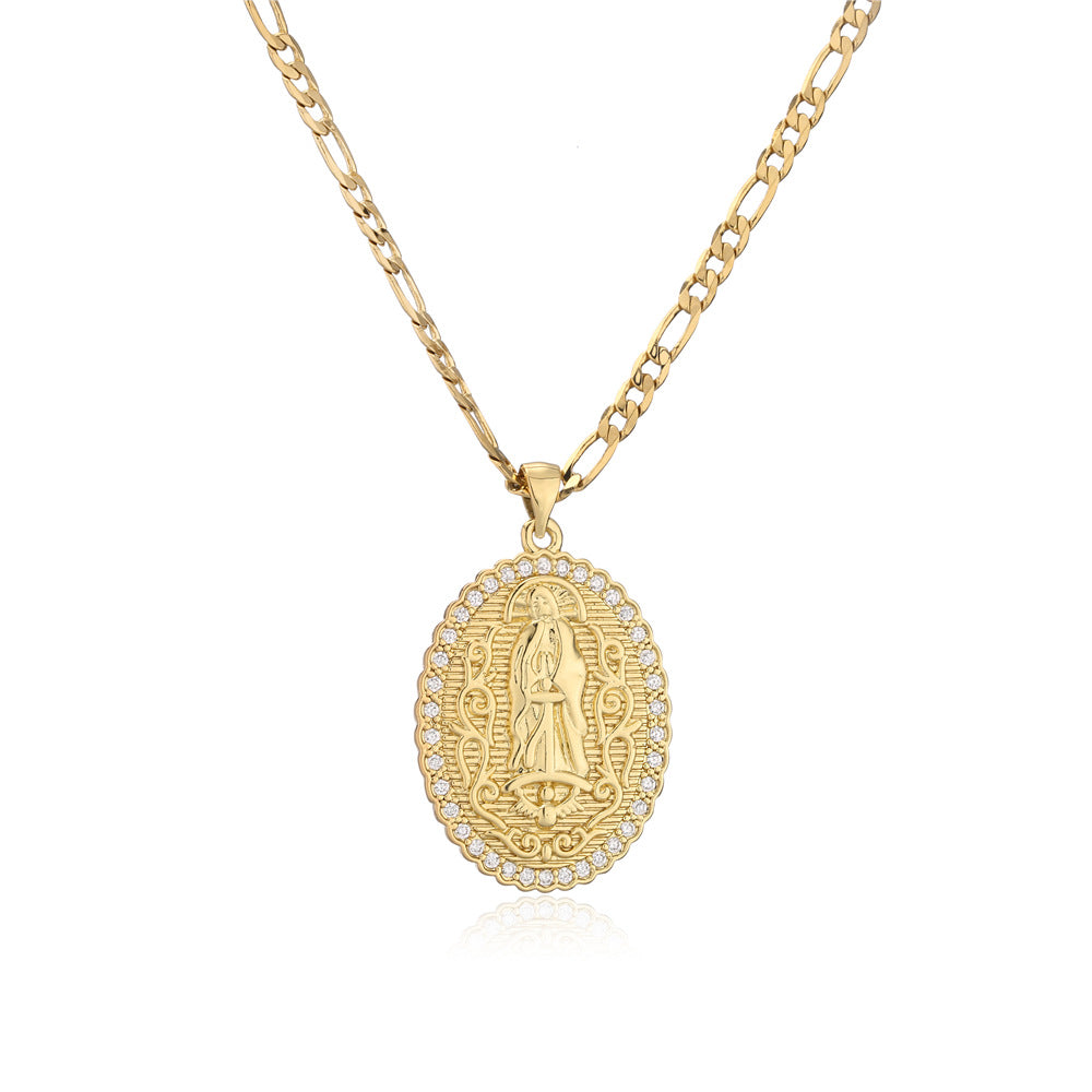 Europe And America Jewelry Copper Micro-inlaid Zircon Virgin Mary Pendant Golden Necklace