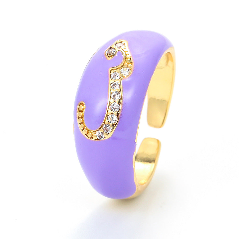 Fashion Micro-inlaid Color Drop Oil Ring Zircon Letter Pattern Opening Adjustable Jewelry Wholesale