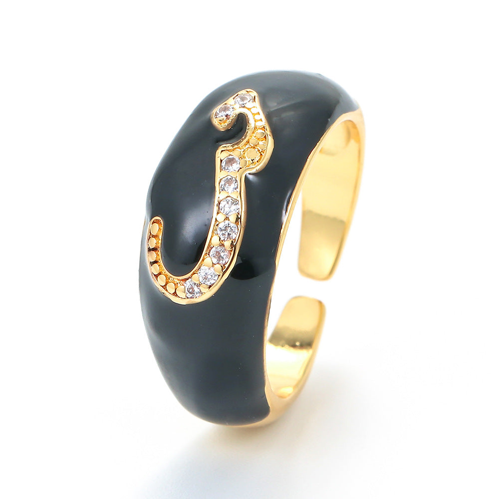 Fashion Micro-inlaid Color Drop Oil Ring Zircon Letter Pattern Opening Adjustable Jewelry Wholesale