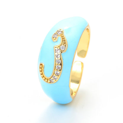 Fashion Micro-inlaid Color Drop Oil Ring Zircon Letter Pattern Opening Adjustable Jewelry Wholesale